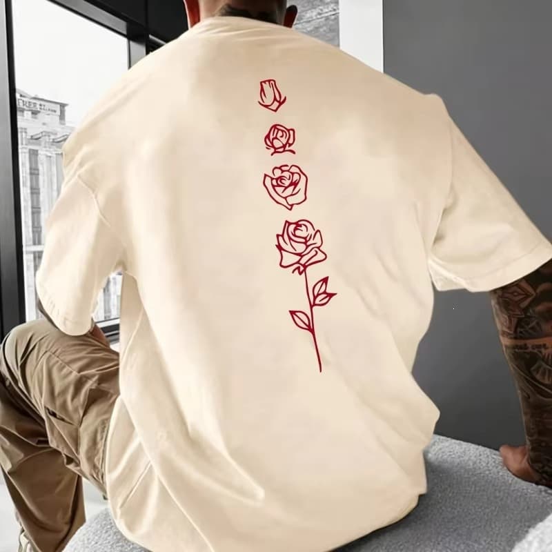 2024 rose print men's t-shirt size men's t-shirt summer casual short-sleeved t-shirt simple fashion Harajuku