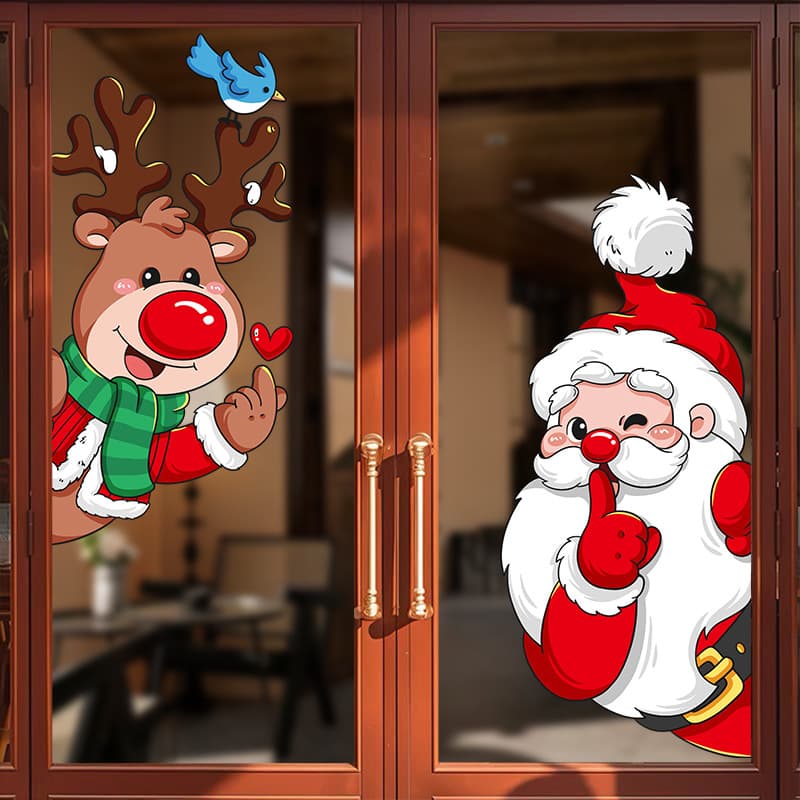 Christmas decorative window stickers, Santa Claus and reindeer window stickers, kindergarten and shop door stickers, static cling stickers.