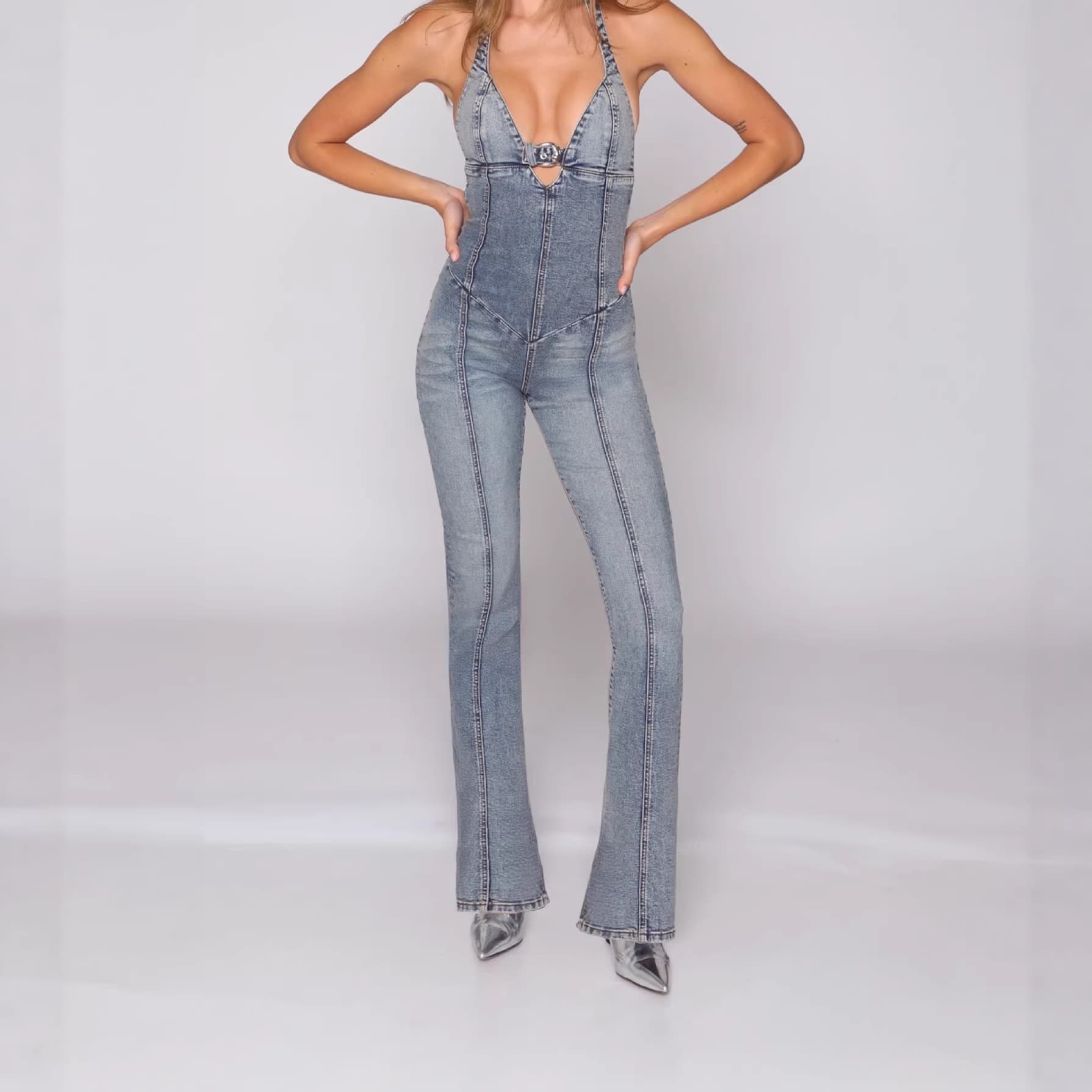Cross-border European and American trendy brand Revice denim jumpsuit, washed, sleeveless, spliced cami, slim-fit denim overall set