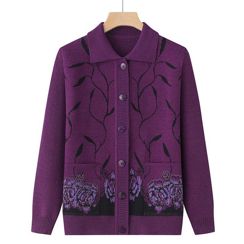 Middle-aged and elderly women's sweater, grandma's spring outerwear, mom's lightweight turn-collar loose-fitting top for spring and autumn.
