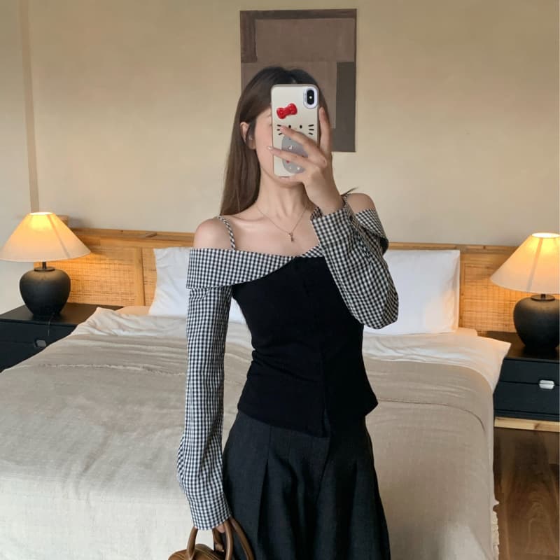 Actual Photo Plus Size Spring New Style Faux Two-Piece Plaid Patchwork Off-Shoulder Long Sleeve Fitted Top
