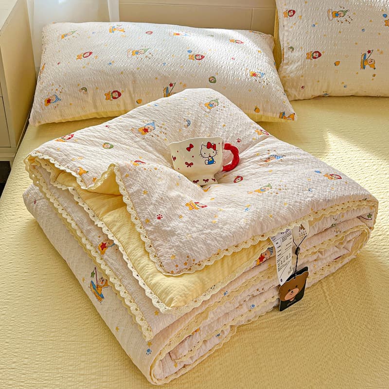 New Puff Cotton Summer Quilt Four-Piece Set, Baby-Grade Lace Puff Gauze Summer Blanket, Dormitory Air Conditioning Quilt Three-Piece Set