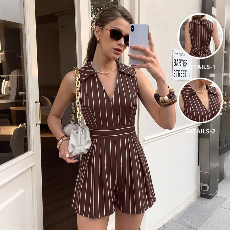 Summer new striped sleeveless V-neck jumpsuit European and American cross-border foreign trade temperament intellectual mature jumpsuit for women