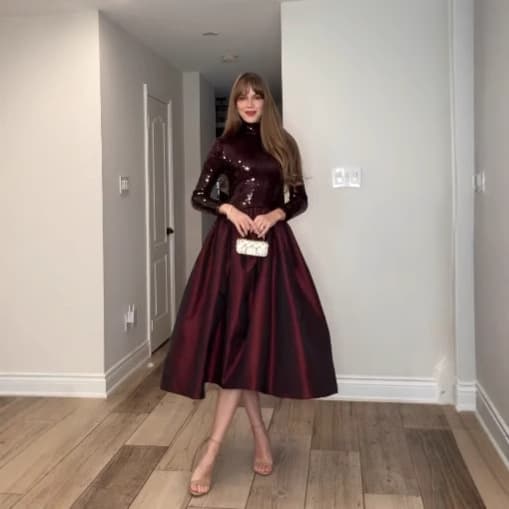 Women's European and American style fashionable French dress new simple round neck sequined splicing burgundy full swing dress