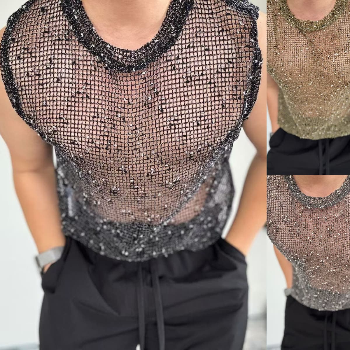 European & American Nightclub Men's Sexy Fishnet Sleeveless Top Hollow Out Mesh T-Shirt Sexy Party Wear