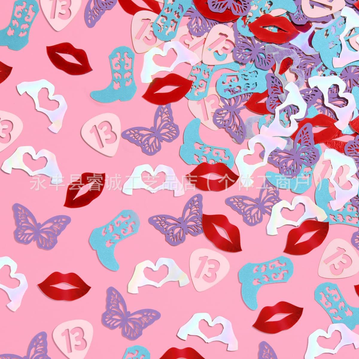 Birthday Party Table Decorations with Colorful Confetti, Heart-Shaped Lips, Retro Sequins, and Dollar Sign Confetti for Good Luck and Wealth