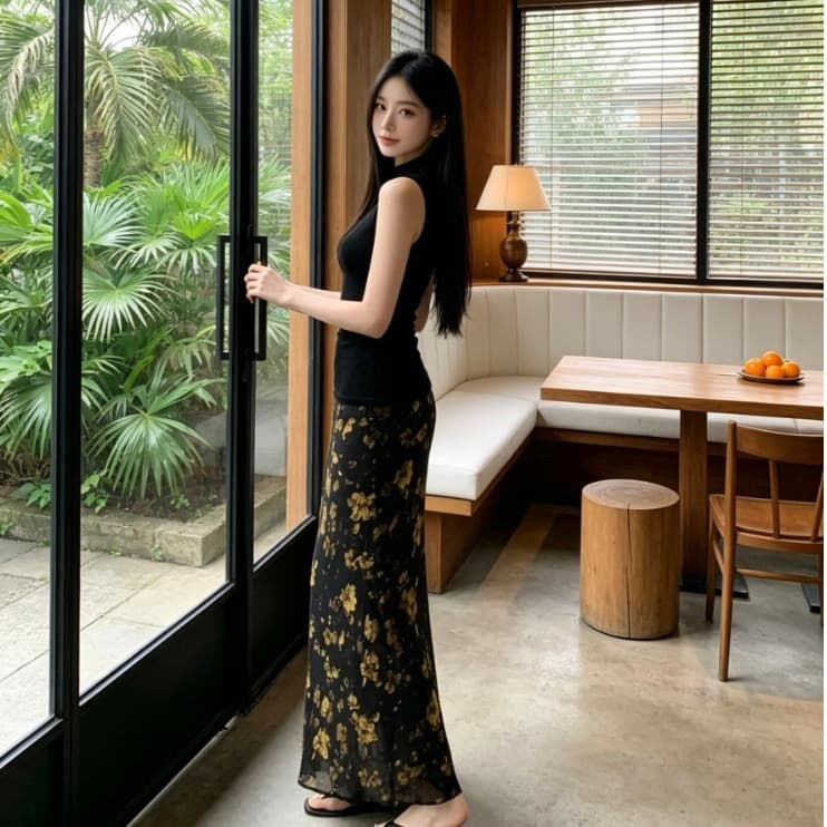 Fashionable Two-Piece Set: Black Sleeveless Vest for Women, High-Waist Floral Bodycon Midi Skirt for Summer