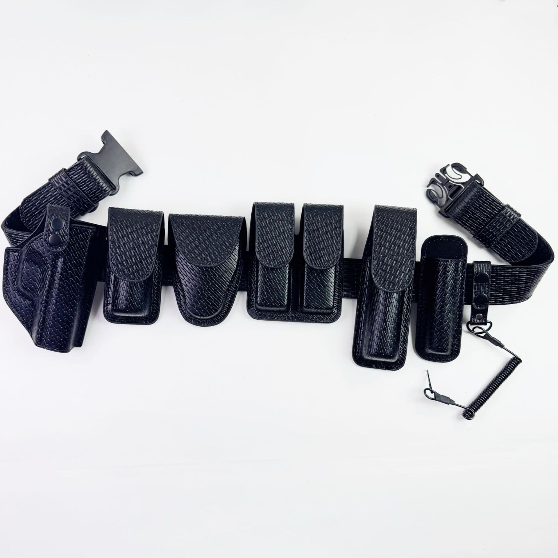 Genuine Leather Embossed Handcuff Case, Baton Holster, Pistol Holster, Tear Gas Pouch, Gun Lanyard, Flashlight Pouch, Multi-Function Leather Belt