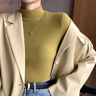 H329 Knit Half High Neck Base Layer Top for Women, New Autumn/Winter Inner Wear, Black and White Autumn Shirt, Trendy Mid-High Neck Pullover Long Sleeve