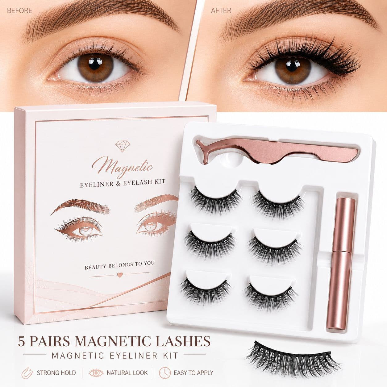 Cross-border foreign trade wholesale fiber magnet natural self-adhesive false eyelashes 3 pairs pack thick split eyelashes wholesale