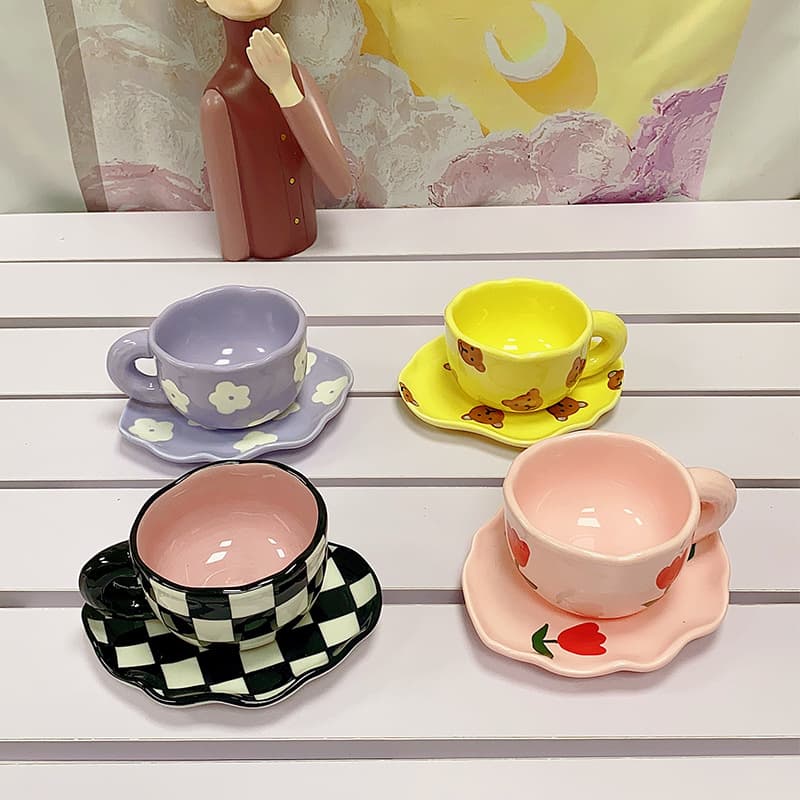 Korean Style Handmade Ceramic Mug High Aesthetic Value Afternoon Tea Flower Tea Cup Set with Plate for Couples Home Use