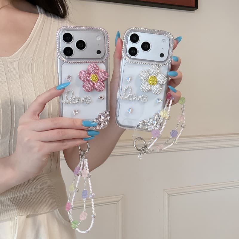 Rhinestone flowers suitable for Apple 17Promax mobile phone case iphone16 light luxury chain Love15 all-inclusive 14 anti-fall