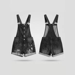 Cross-border Exclusive Ripped Denim Overalls Shorts Women Rolled Hem Button High Waist Slim Fit Suspender Shorts Stock Wholesale