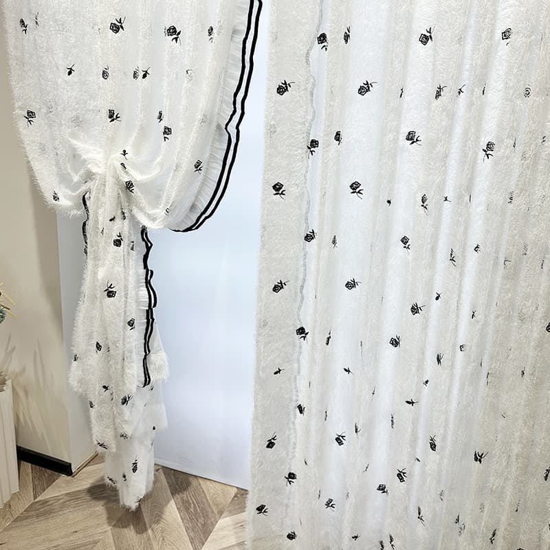 Vintage Style Embroidered Black Rose Sheer Curtain for Bedroom, Light Filtering Privacy Sheer Window Curtain for Balcony, No Drill Door Curtain