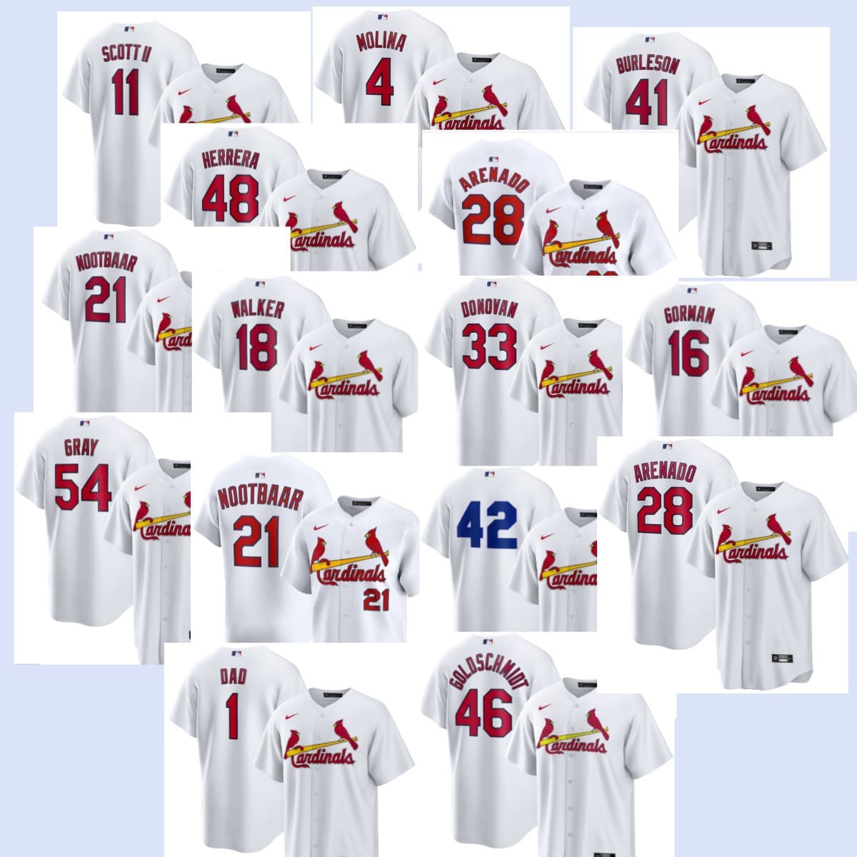 MLB Cardinals Baseball Uniforms - Team No. 4 Molina, No. 28 Arenado, No. 18 Walker
