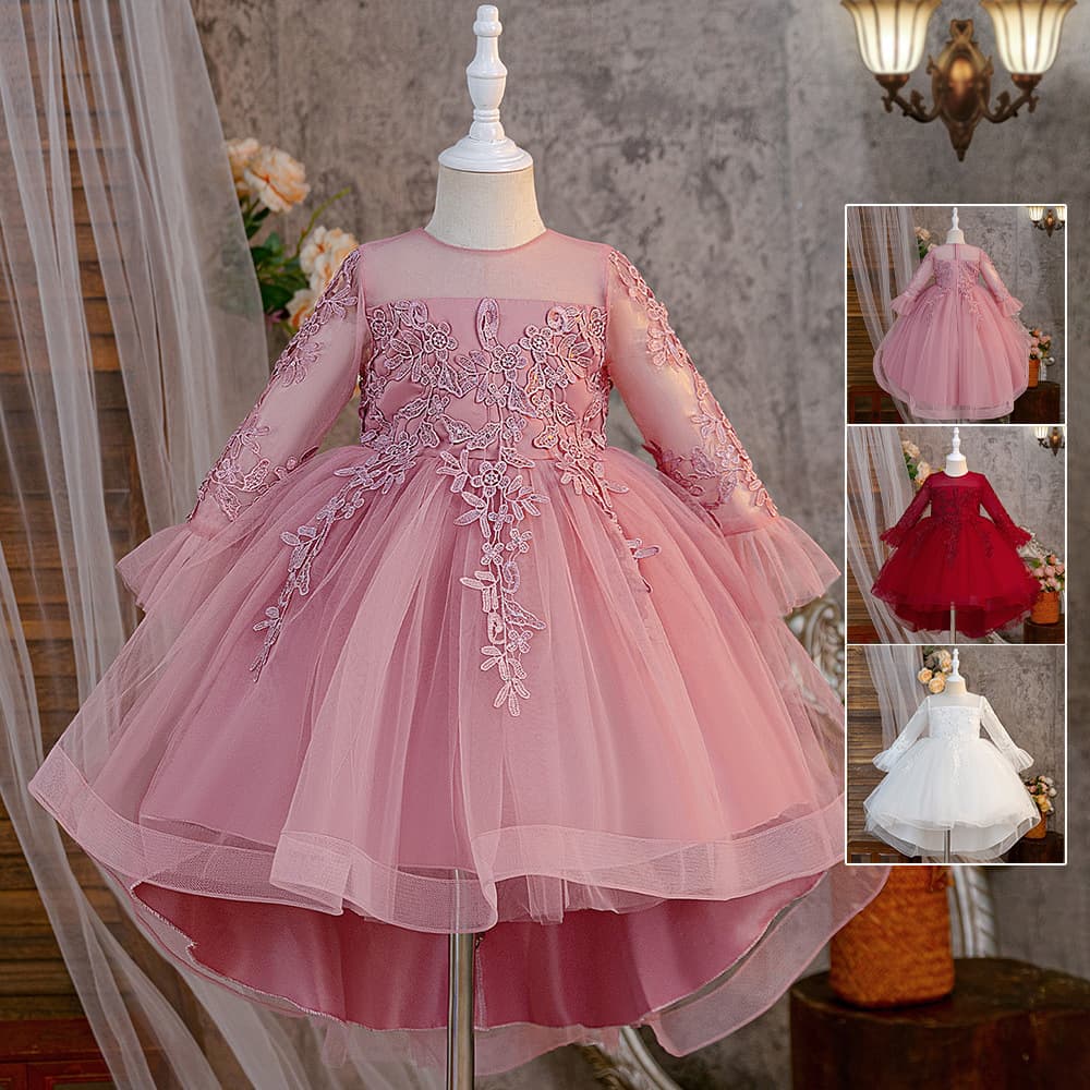 New Cross-Border Long Sleeve Dress with Train for Girls, Lace Patchwork Flower Girl Wedding Dress, Piano Performance Evening Gown