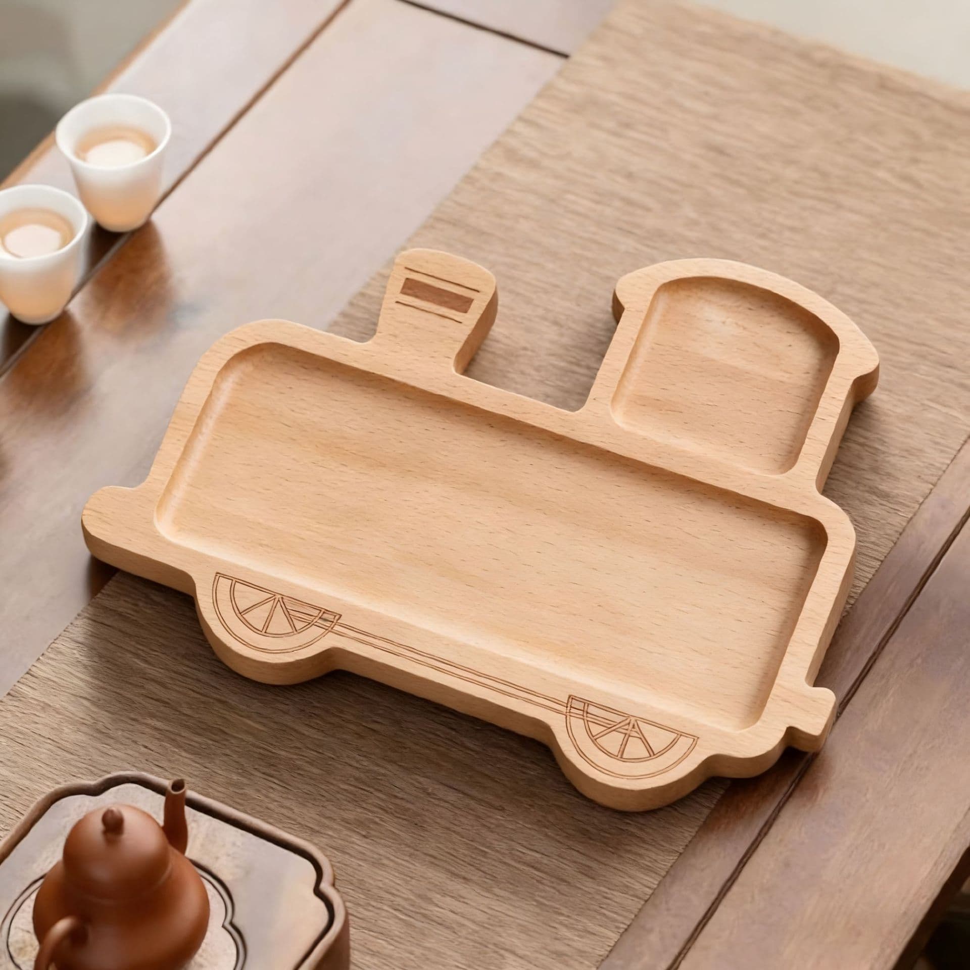 He Shi Home Beech Wood Kids Plate, Simple and Cute Cartoon Train Plate, Wooden Divided Irregular Cartoon Dessert Plate