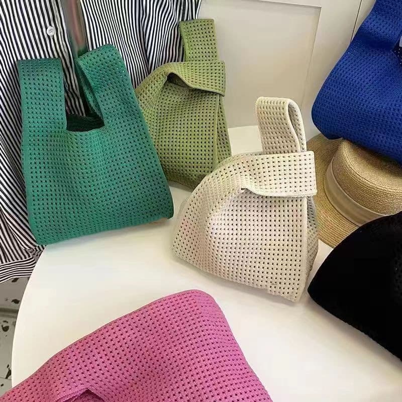 Korean Chic Simple Retro Hollow Knit Handbag Shoulder Bag Women's Vest Bag Open-top Yarn Bag Shopping Tote