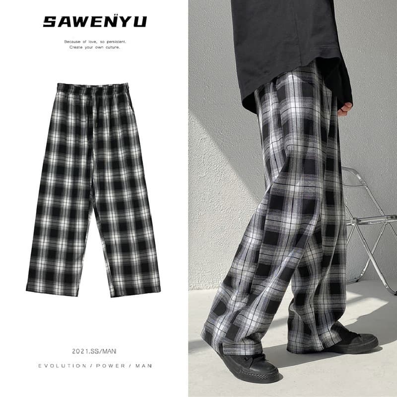 Men's plaid pants men's spring loose casual nine-point pants men's Korean style trendy men's pants straight wide leg sports pants