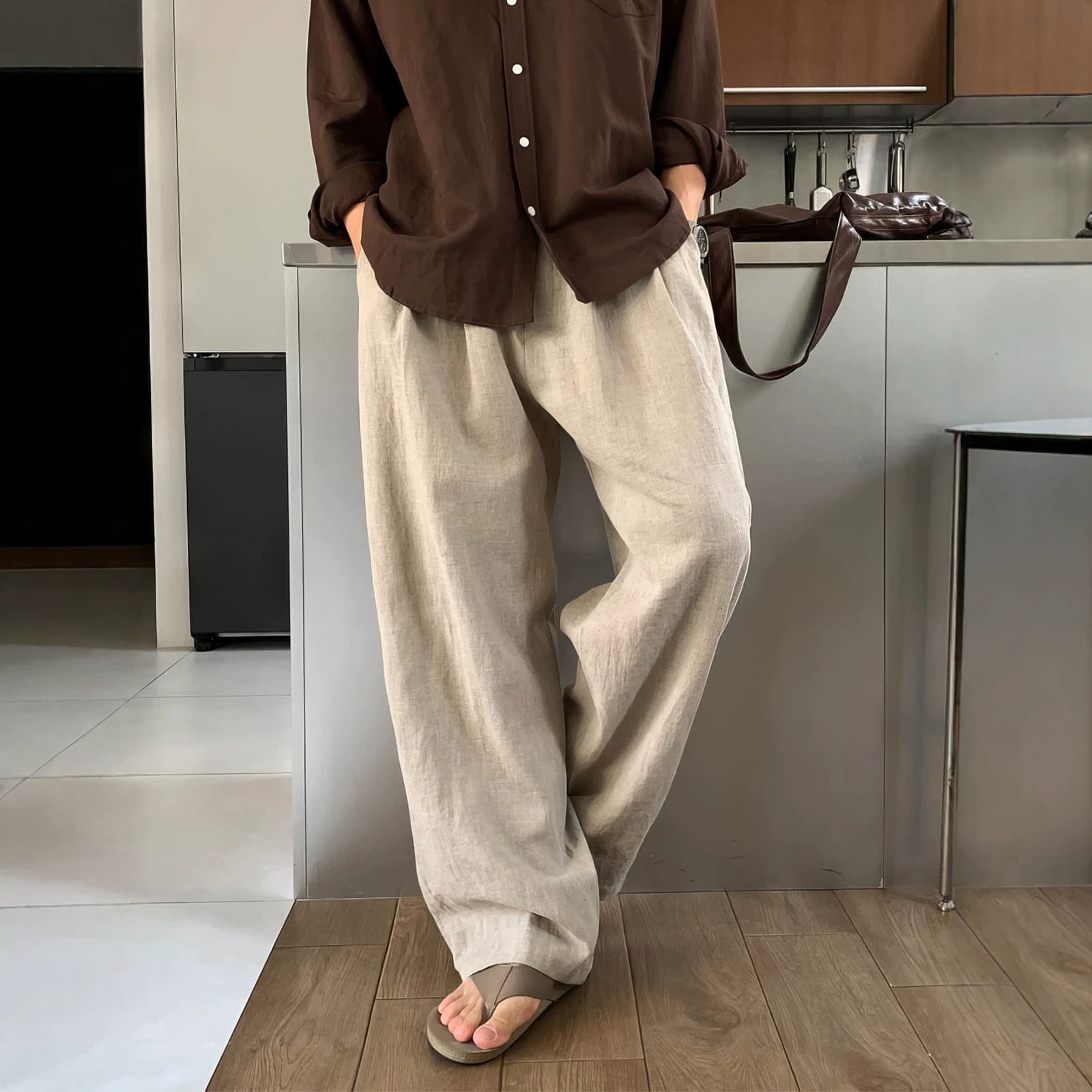 Khaki Lightweight Linen Casual Pants for Men Summer American High Street Cotton Linen Old Money Style Straight Leg Breathable Long Pants
