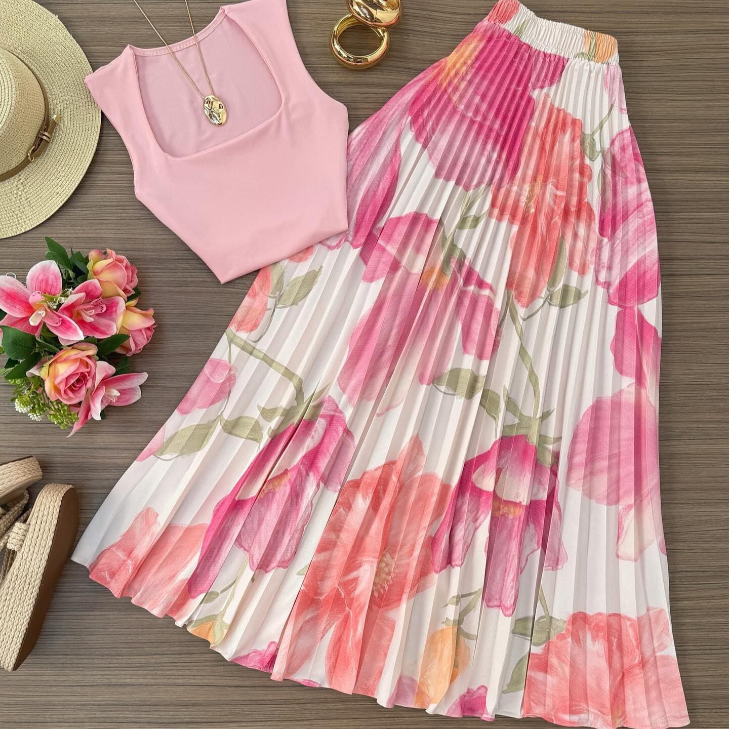Custom Summer New Pink Fitted Top and A-Line Slimming Elegant French Floral Print Pleated Skirt Set