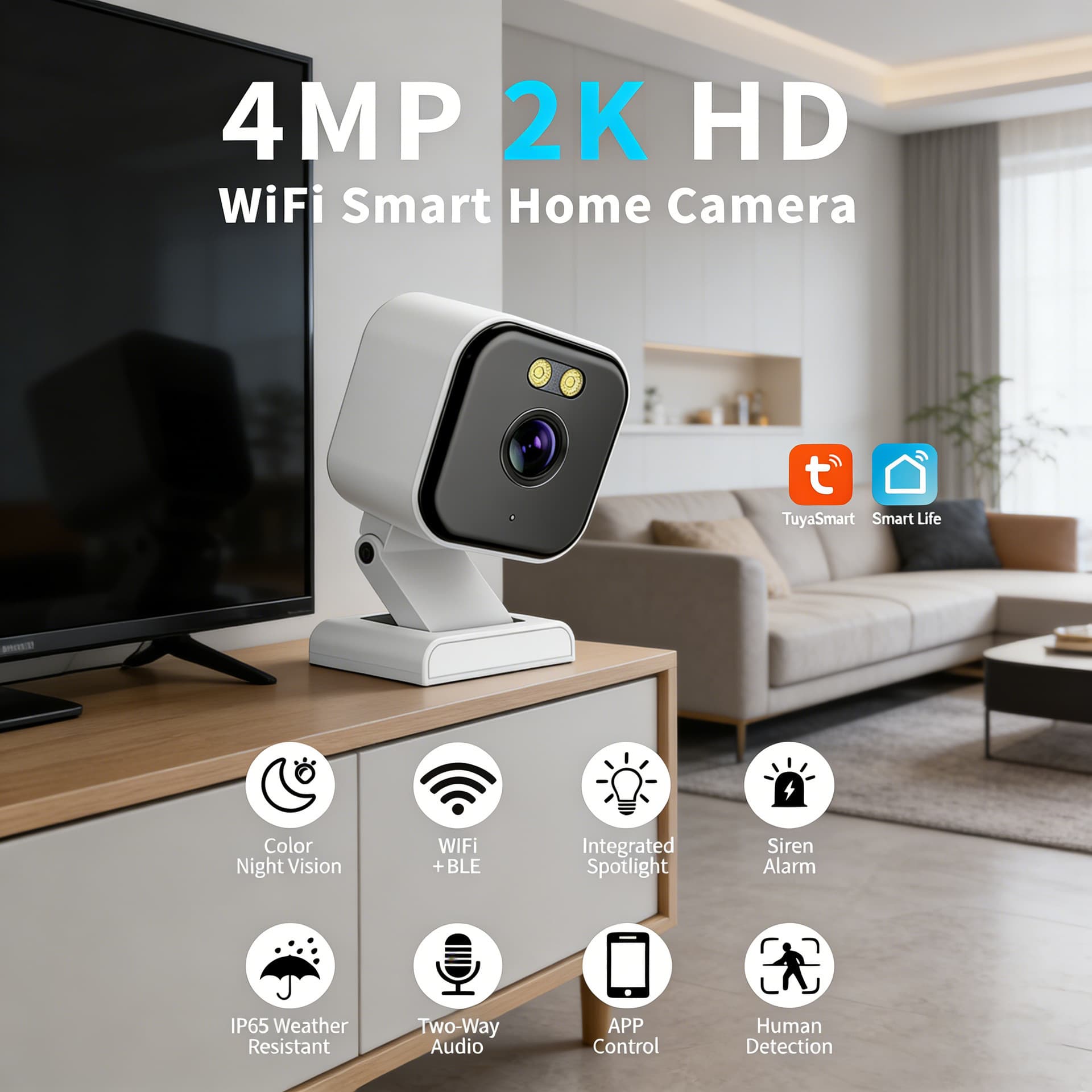 New Cross-Border 4MP WiFi Tuya Smart Camera Magnetic Mount Waterproof Wide-Angle Baby Monitor