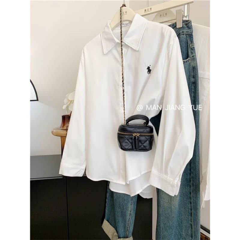 Dopamine Dressing Embroidered Shirt for Women, Korean Retro Long-Sleeve Polo Style Casual Blouse, Wear Inside or Outside