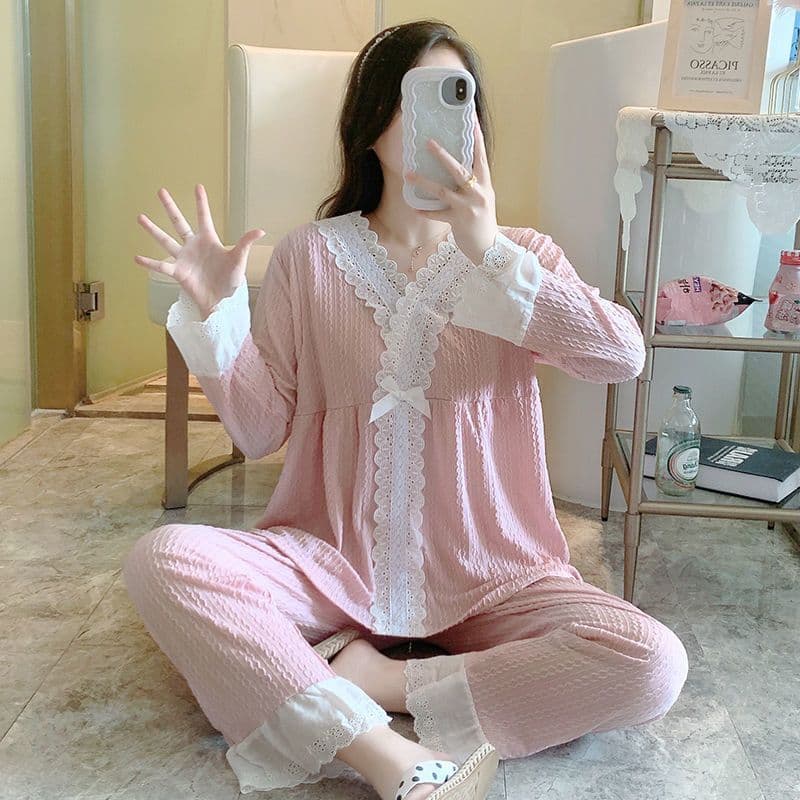 Maternity wear for spring and autumn, long-sleeved postpartum nursing clothes, thin and loose-fitting pajamas and loungewear sets for summer.