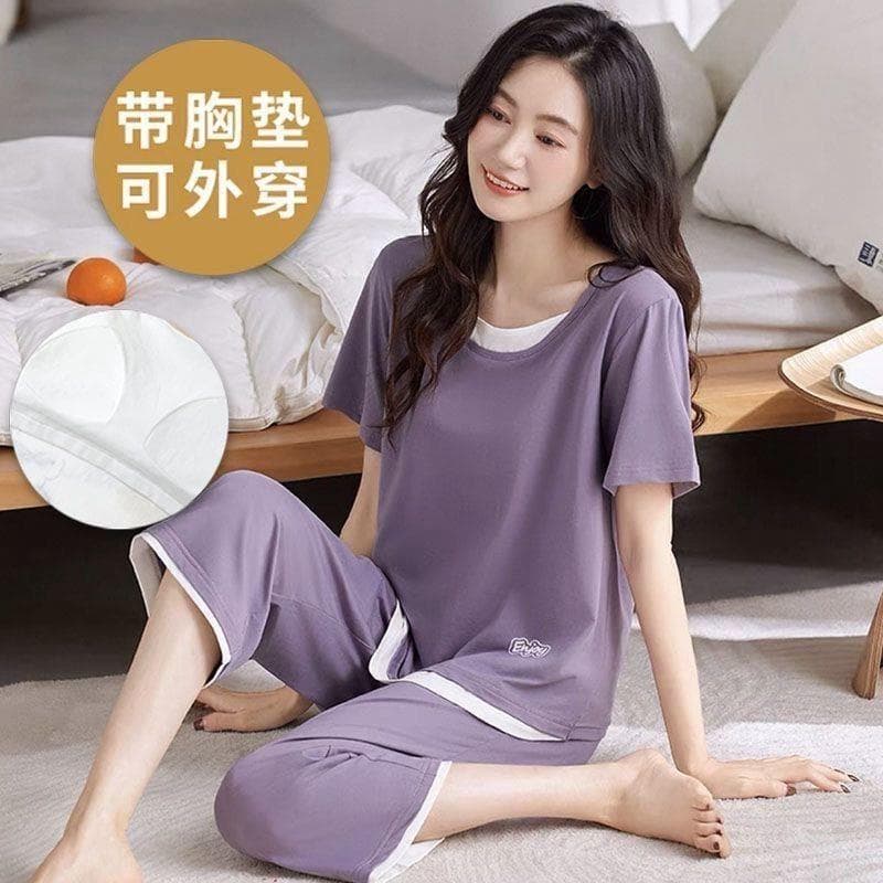 Pajamas with breast pads, fake two-piece summer short-sleeved cropped pants, loose and cool, can be worn outside, thin home clothes set, can be worn outside