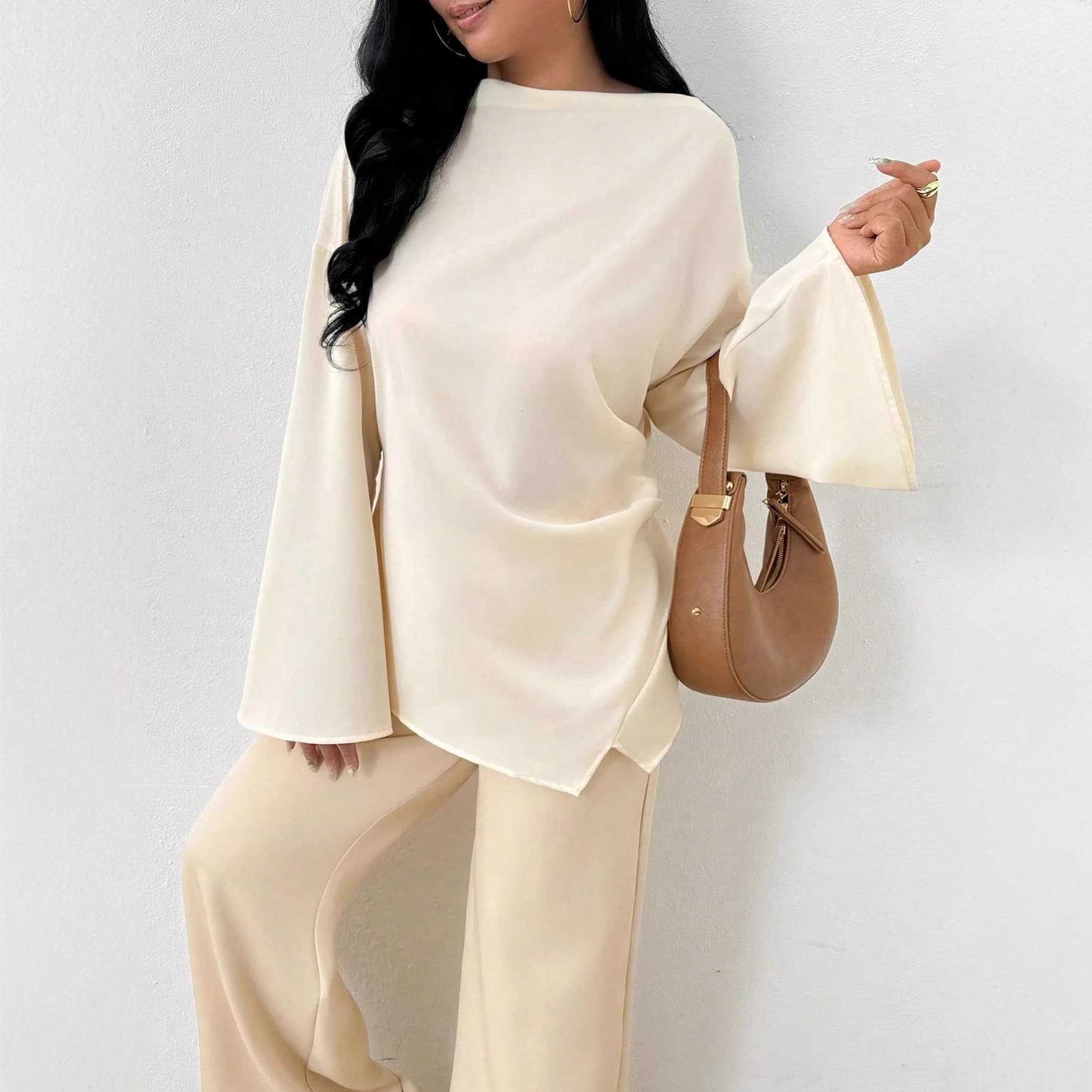 New Fashion Casual Round Neck Satin Long Sleeve Shirt Bell Sleeve Pullover Irregular Hem Top for Women