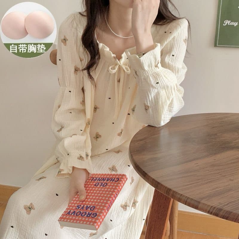 2024 New Long Sleeve Pajama Dress for Women with Built-in Bra, Autumn Homewear, Long Princess Style Dress