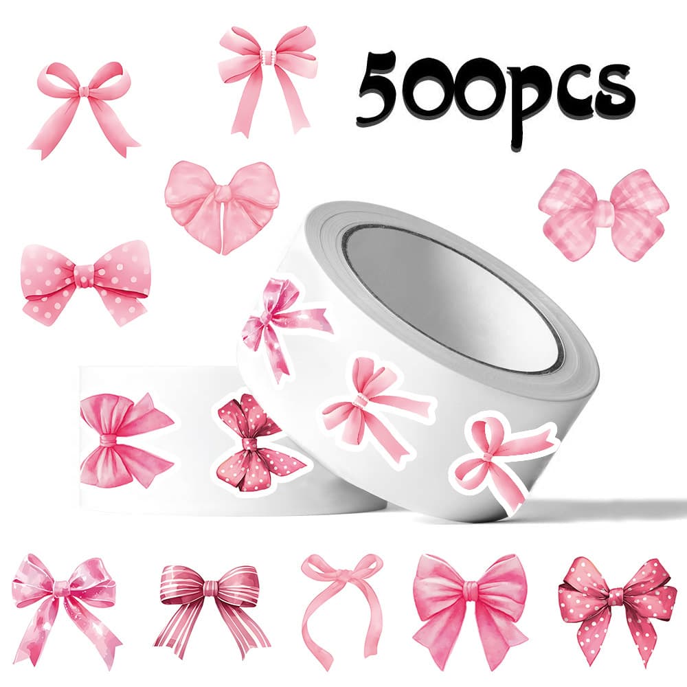 500 stickers/roll Pink Bow Roll Stickers DIY Scrapbook Gift Box Decorative Sealing Tape Label