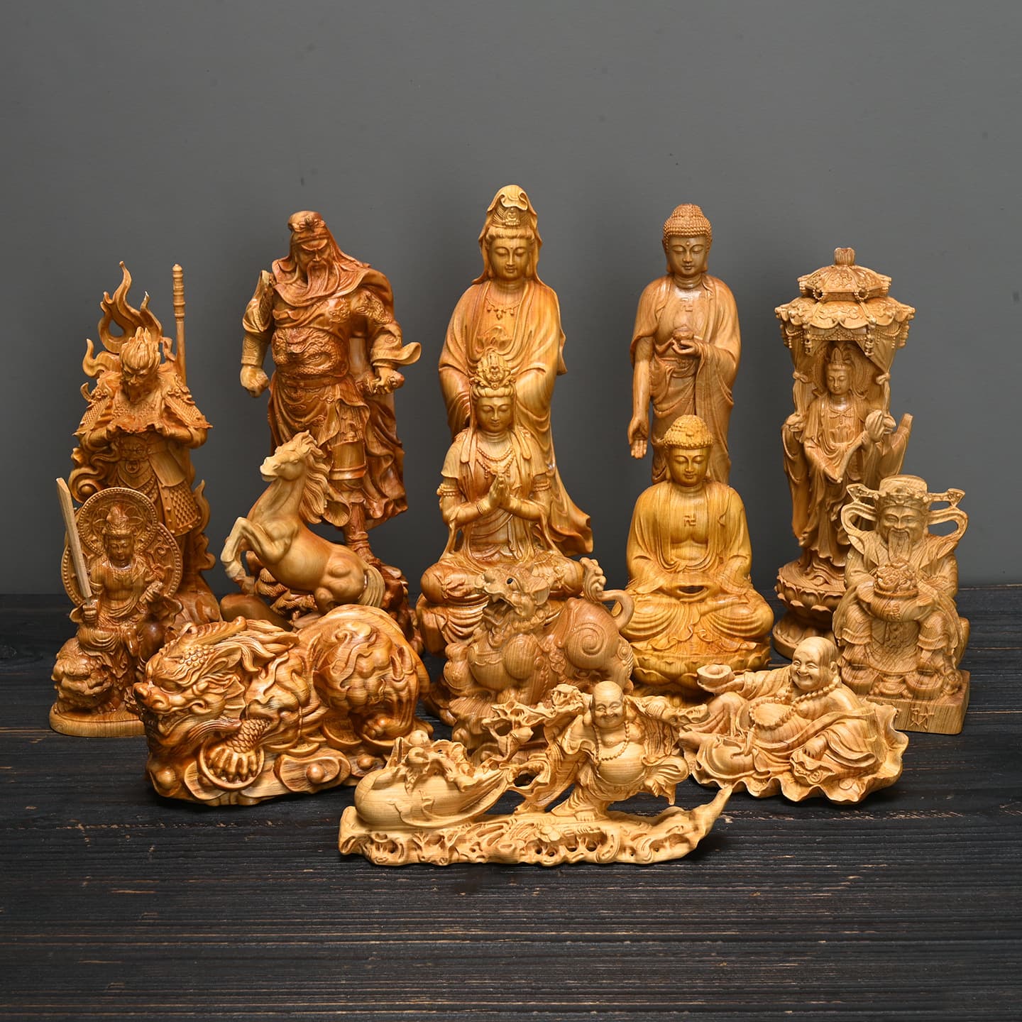 Chinese Thuja Hand Carved Wooden Craft Gift Wealth God Guanyin Maitreya Small Ornament Play Pendant