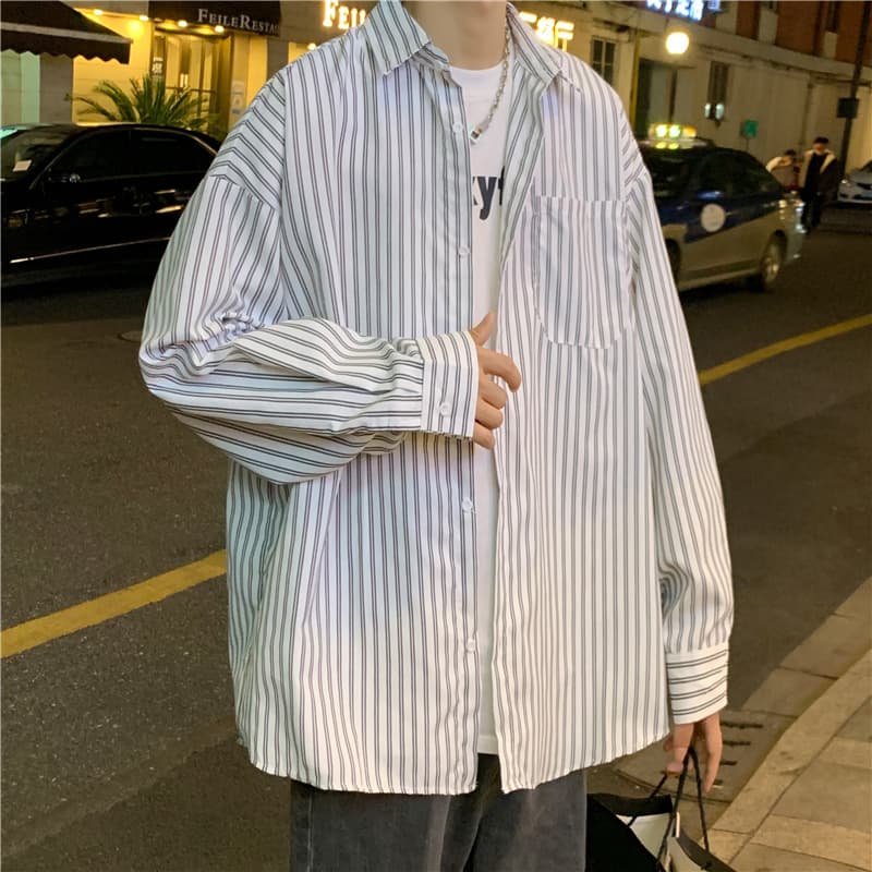 Japanese-style striped shirt for men, boyfriend-fit long-sleeve shirt, Hong Kong-style men's fashion, Korean-trend autumn casual jacket, couple outfit