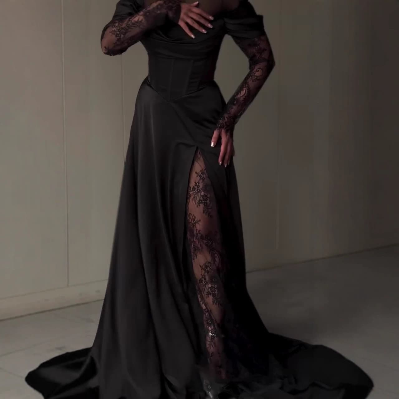 2025 New European and American Amazon Cross-border Women's Lace Long Sleeve Patchwork Slit Fitted Black Long Dress