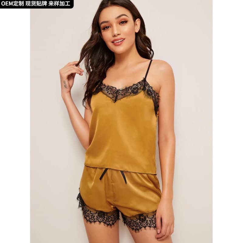 New Cross-Border European and American Lingerie Passionate Sexy Camisole Nightgown Teasing Homewear Two-Piece Set Stretch Satin