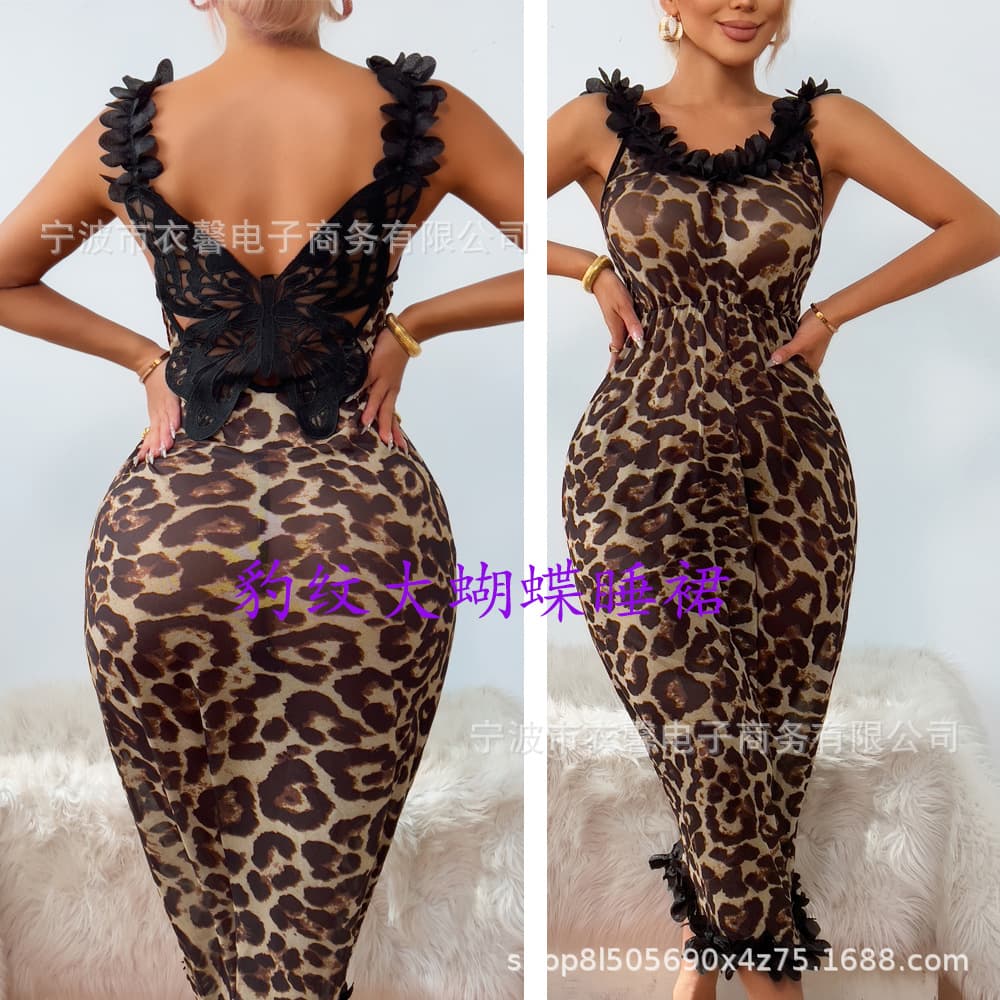 European and American Amazon sexy underwear foreign trade supply sexy leopard print pajamas women's mesh fabric suspenders sexy nightgown