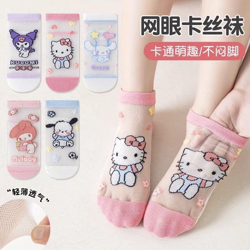 Sanrio Girls Socks Summer Thin Cotton Socks Breathable Mesh Socks for Girls Spring and Summer Ice Silk Socks