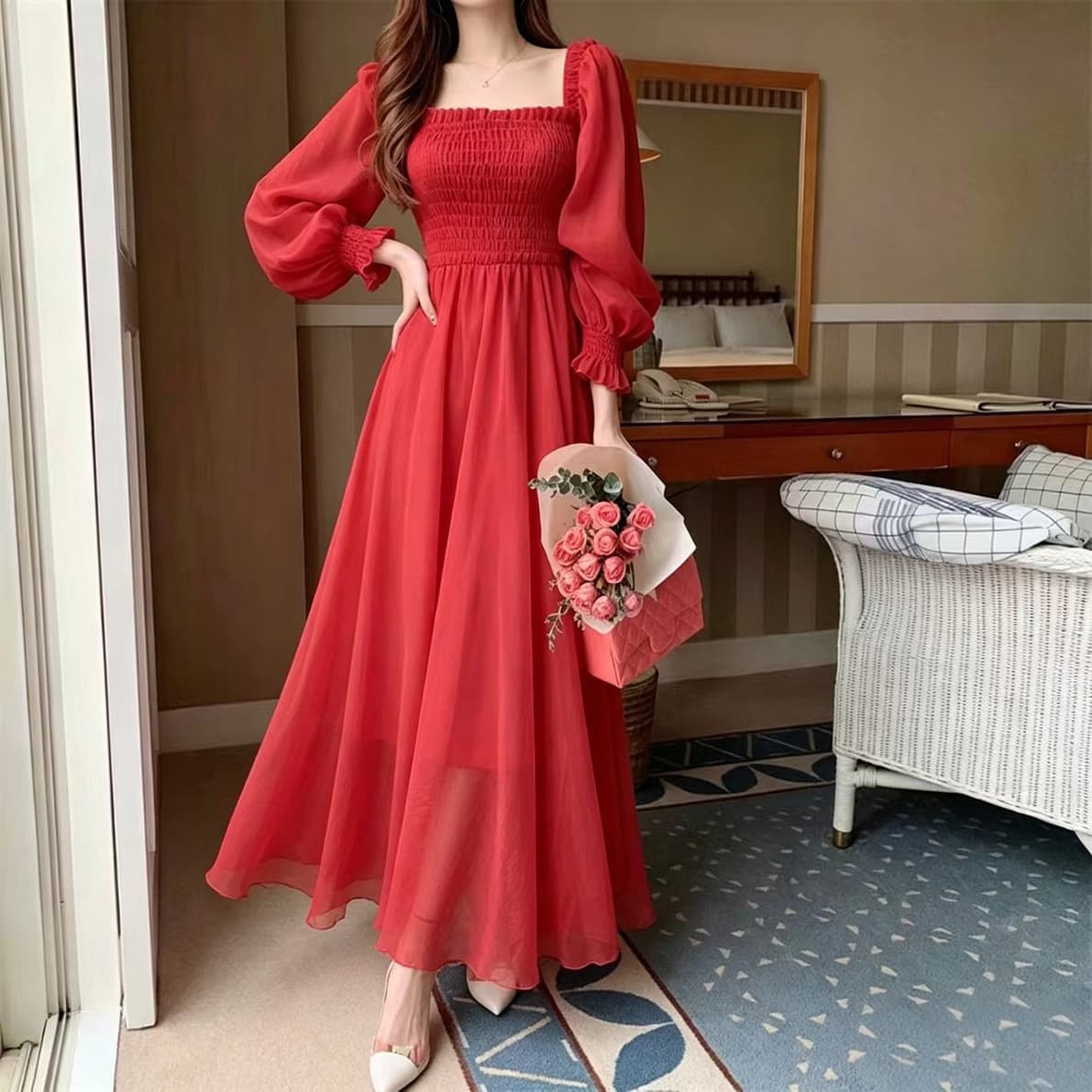 New French Long Sleeve Dress, Waist-Cinching, Slimming, Plus Size, Vacation Beach Dress, Women's Red Black White Long Dress
