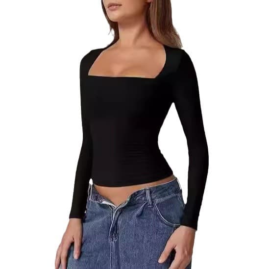 Cross-border European and American Women's Square Neck Blouse Autumn Top Long Sleeve T-Shirt Slim Pullover Milk Silk T-Shirt Elegant and Graceful