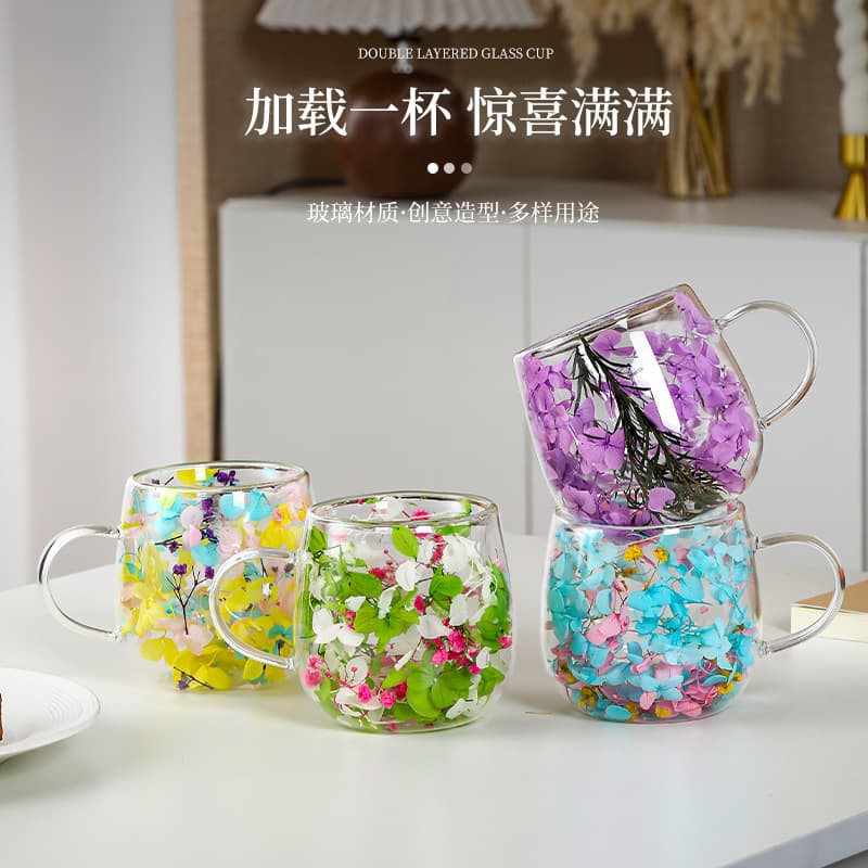 Source Factory Double-Layer Dried Flower High Borosilicate Glass Cup Preserved Flower Anti-Scald Mug Coffee Milk Cup Gift