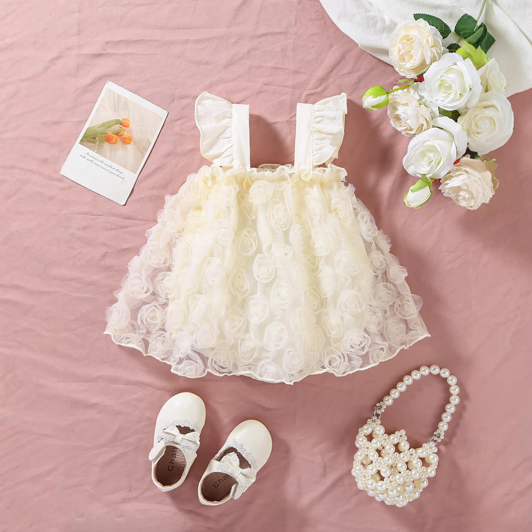 ins rose flower one-year-old baby dress, photo and photography princess dress, fungus edge tube top suspender dress ha