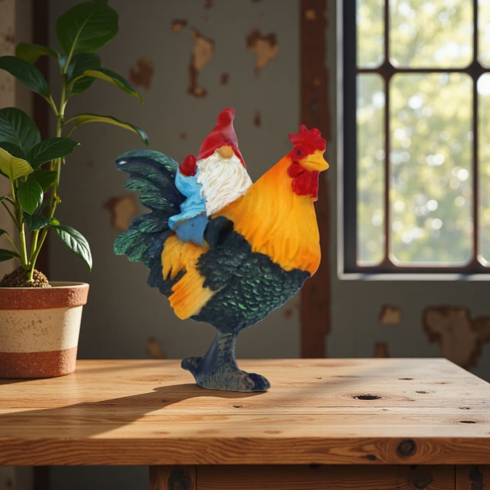 Resin Rooster Riding Gnome Figurine, European Style Creative Desktop Decorative Craft, Home and Garden Gnome Statue