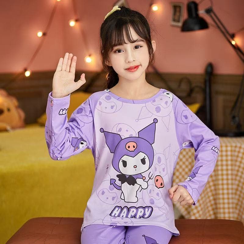 2024 Girls Spring and Autumn Children's Pajamas Long Sleeve Boys and Girls Cartoon Kurome Kids Middle and Large Children Air Conditioning Set