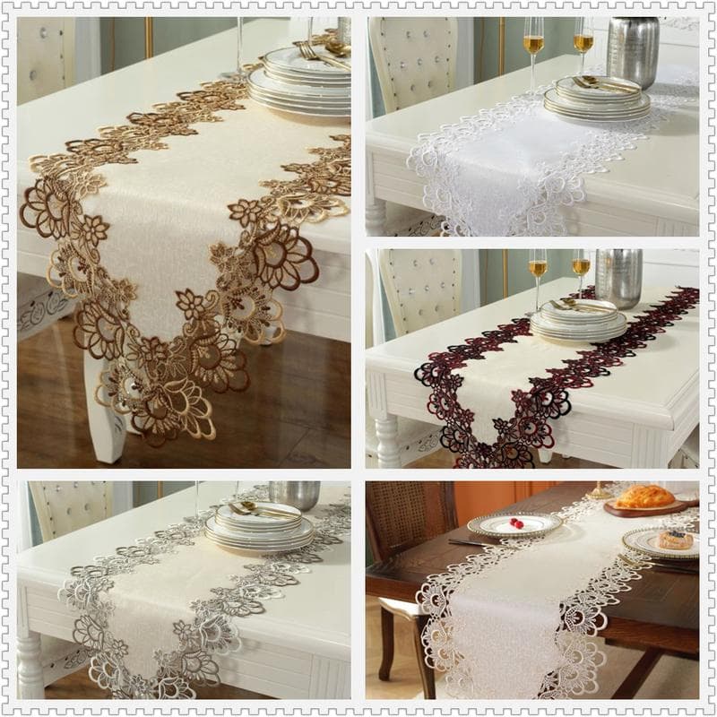 Polyester Table Runner Tablecloth Decorative Heavy Embroidery Lace Table Runner Multicolor Hollow Lace Edge Design