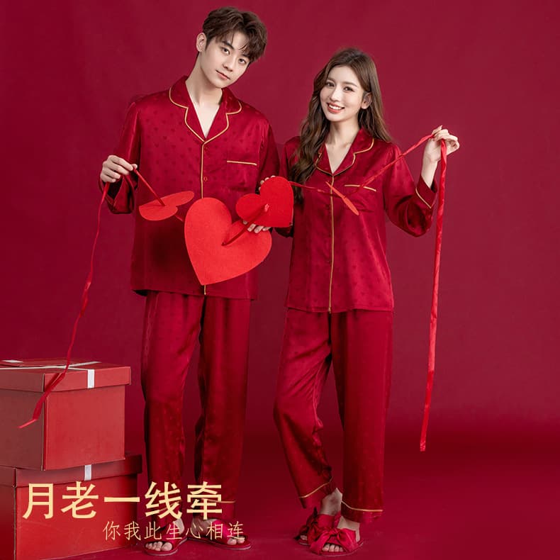 Wedding Sleepwear Newlywed Couple Set Ice Silk Morning Robe Bride and Groom Matching High-End Red Homewear for Zodiac Year