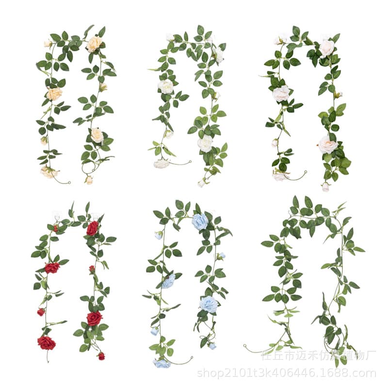 New Simulation Rose Rattan Plastic Artificial Flower Vine Silk Rose Green Leaf Decorative Flower Rattan Cross-Border Wholesale