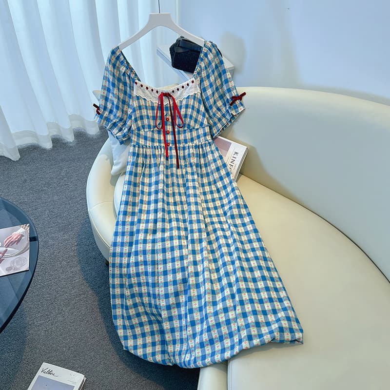 Plus Size Women's Summer New Plaid Waist Dress, 130-350 lbs, Pastoral Style, Light and Fresh Mid-Length Dress