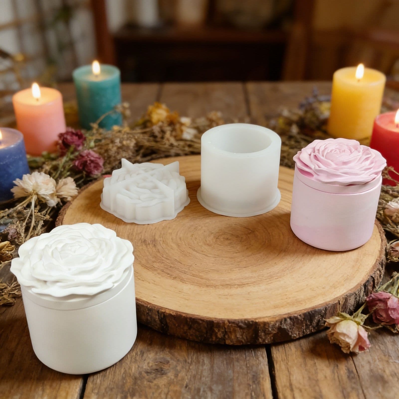 S2550+S2551 Rose Lid Candle Cup Jar Plaster Mold DIY Silicone Mold