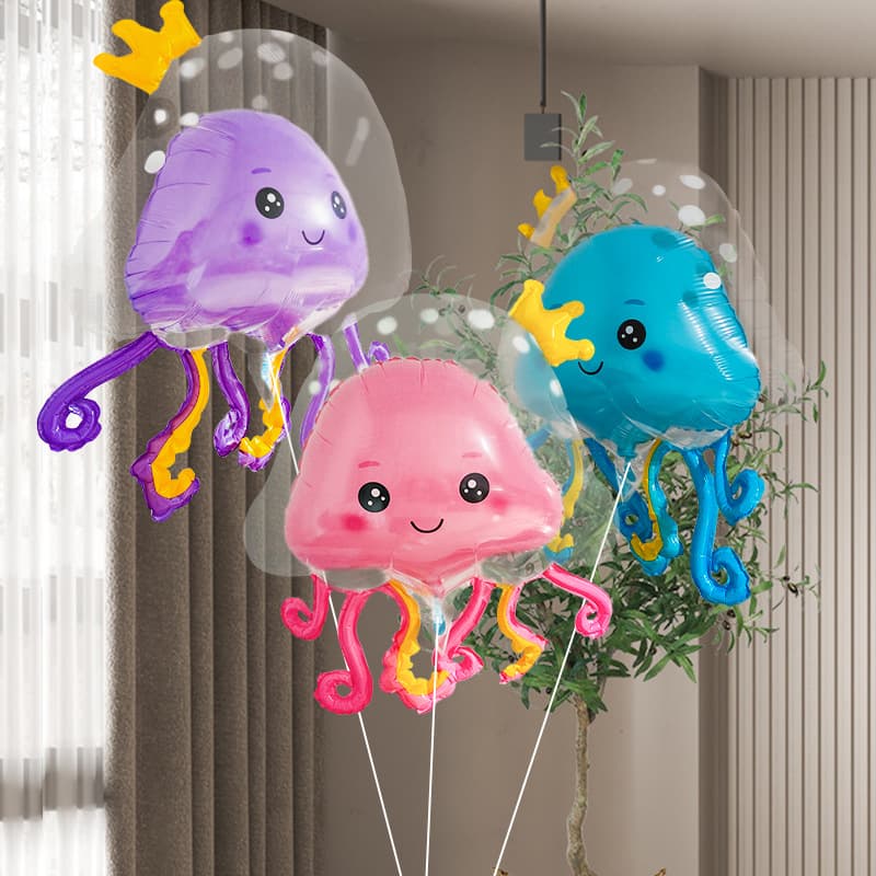 Children's Cartoon Jellyfish Balloons Double Layer Floating Decorative Wave Aluminum Foil Balloons Birthday Party Decor